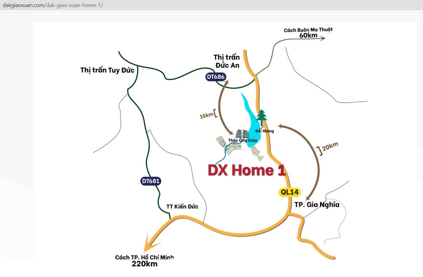 Theo giới thiệu của chủ đầu tư, dự án Đắk Xuân Home nằm ở bon (buôn) Ding Plei, xã Trường Xuân, huyện Đắk Song. Dự án này nằm cách quốc lộ 14 khoảng 2km, cách thành phố Gia Nghĩa khoảng 20km.