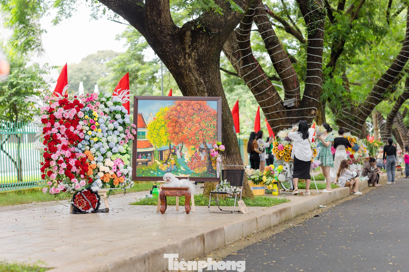 Từ sáng sớm, đường Phan Đình Giót (phường Tân Tiến) với những bức bích họa đầy ấn tượng nằm kề bên hàng cây cổ thụ phủ bóng tuyệt đẹp, thu hút nhiều người dân và du khách đến đây.