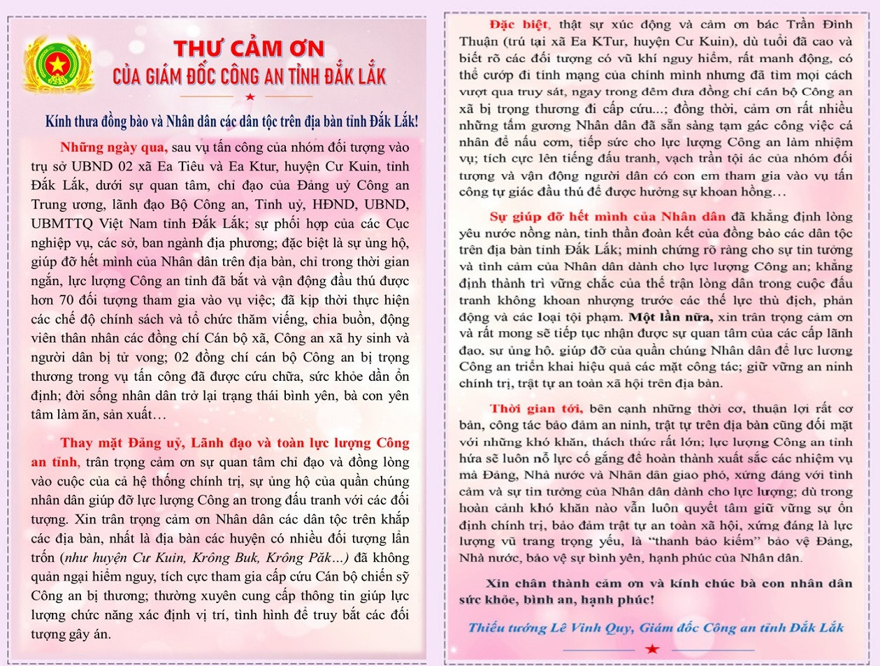 Thư cảm ơn của Thiếu tướng Lê Vinh Quy, Giám đốc Công an tỉnh Đắk Lắk Thư cảm ơn của Thiếu tướng Lê Vinh Quy, Giám đốc Công an tỉnh Đắk Lắk