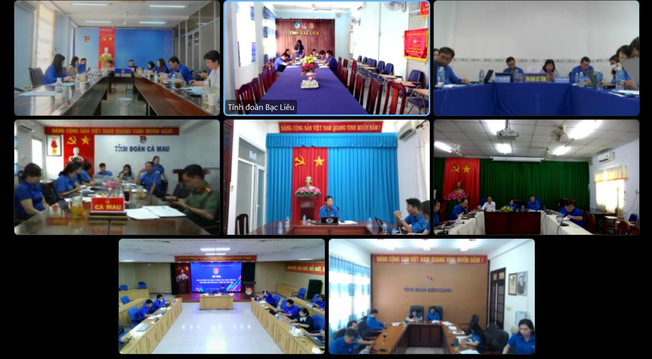 Hội nghị giao ban được tổ chức trực tuyến tại các điểm cầu tại Trung ương Đoàn và các tỉnh thành trong cụm: An Giang, Bạc Liêu, Cà Mau, Cần Thơ, Hậu Giang, Kiên Giang và Sóc Trăng. Ảnh: Bảo Anh