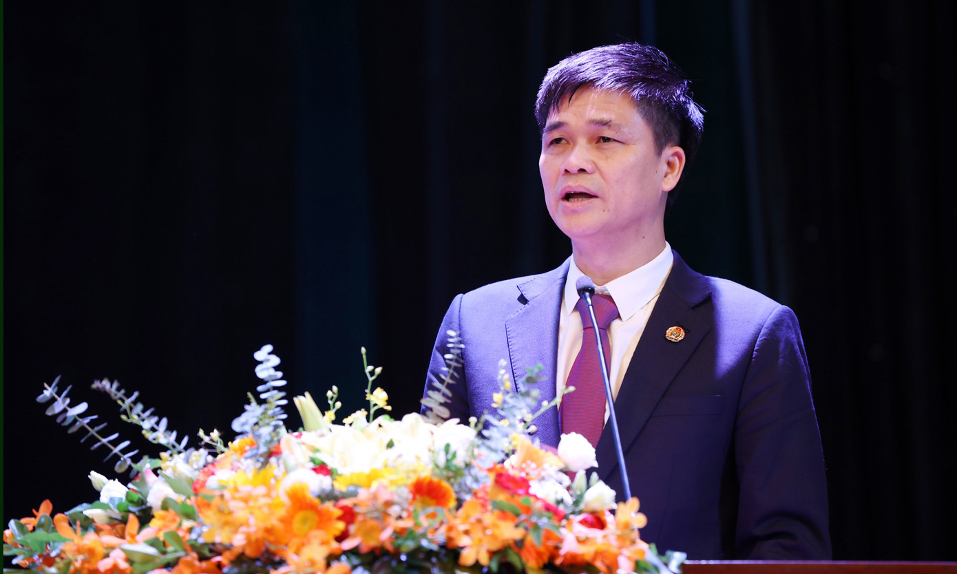 Phó Chủ tịch Tổng Liên đoàn Lao động Việt Nam, Chủ tịch Công đoàn Viên chức Việt Nam Ngọ Duy Hiểu phát biểu. Ảnh: Trọng Tài