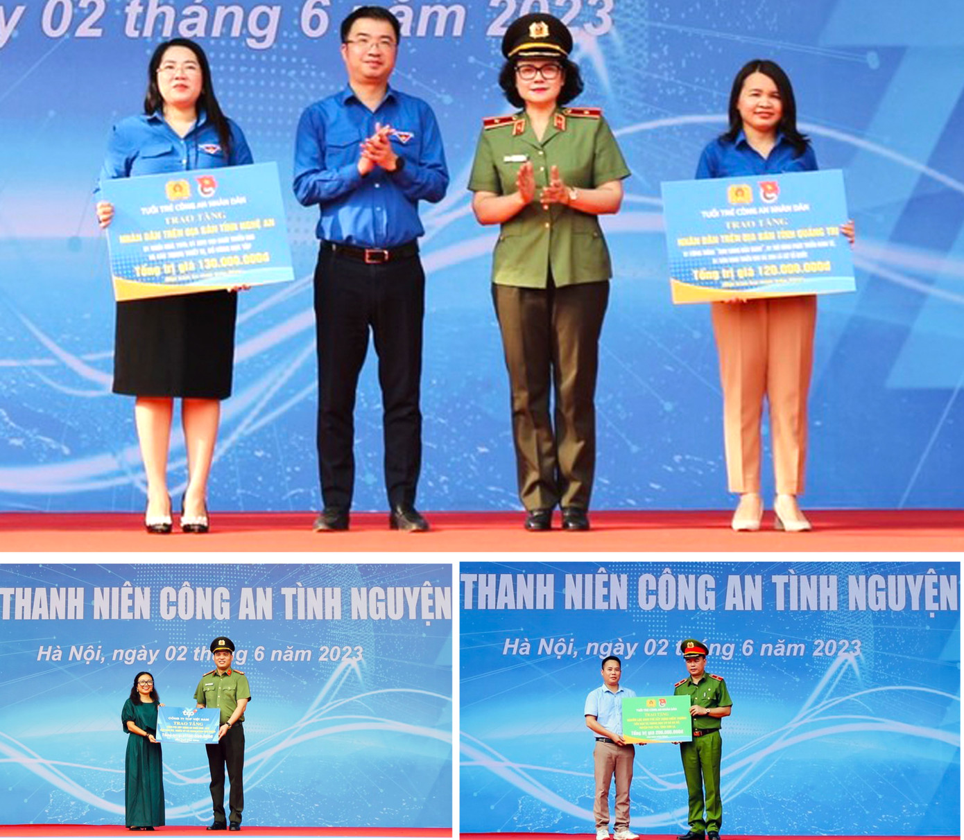 Anh Nguyễn Tường Lâm, Bí thư T.Ư Đoàn và Thiếu tướng Ngô Hoài Thu, Phó Cục trưởng Cục Công tác đảng và công tác chính trị, cùng đại diện tuổi trẻ CAND tiếp nhận, trao biển tượng trưng hỗ trợ kinh phí cho các đơn vị. Ảnh: BTC Anh Nguyễn Tường Lâm, Bí thư T.Ư Đoàn và Thiếu tướng Ngô Hoài Thu, Phó Cục trưởng Cục Công tác đảng và công tác chính trị, cùng đại diện tuổi trẻ CAND tiếp nhận, trao biển tượng trưng hỗ trợ kinh phí cho các đơn vị. Ảnh: BTC