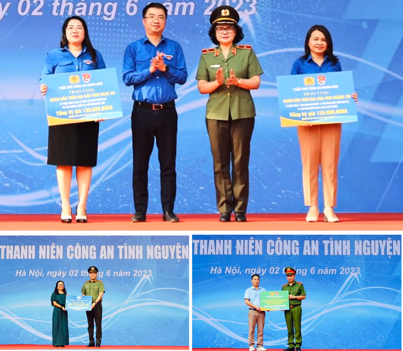 Anh Nguyễn Tường Lâm, Bí thư T.Ư Đoàn và Thiếu tướng Ngô Hoài Thu, Phó Cục trưởng Cục Công tác đảng và công tác chính trị, cùng đại diện tuổi trẻ CAND tiếp nhận, trao biển tượng trưng hỗ trợ kinh phí cho các đơn vị. Ảnh: BTC
