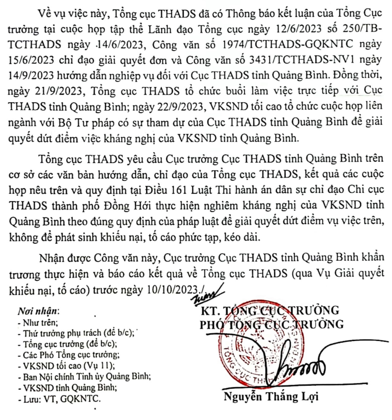 Một phần nội dung văn bản chỉ đạo của Tổng cục THADS
