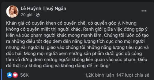 Chia sẻ của Thúy Ngân trên Facebook nhận được hơn 56 nghìn lượt thích