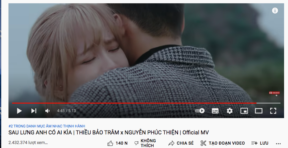 MV Sau Lưng Anh Có Ai Kìa hiện nằm ở vị trí thứ 2 trong danh mục âm nhạc thịnh hành YouTube. MV Sau Lưng Anh Có Ai Kìa hiện nằm ở vị trí thứ 2 trong danh mục âm nhạc thịnh hành YouTube.