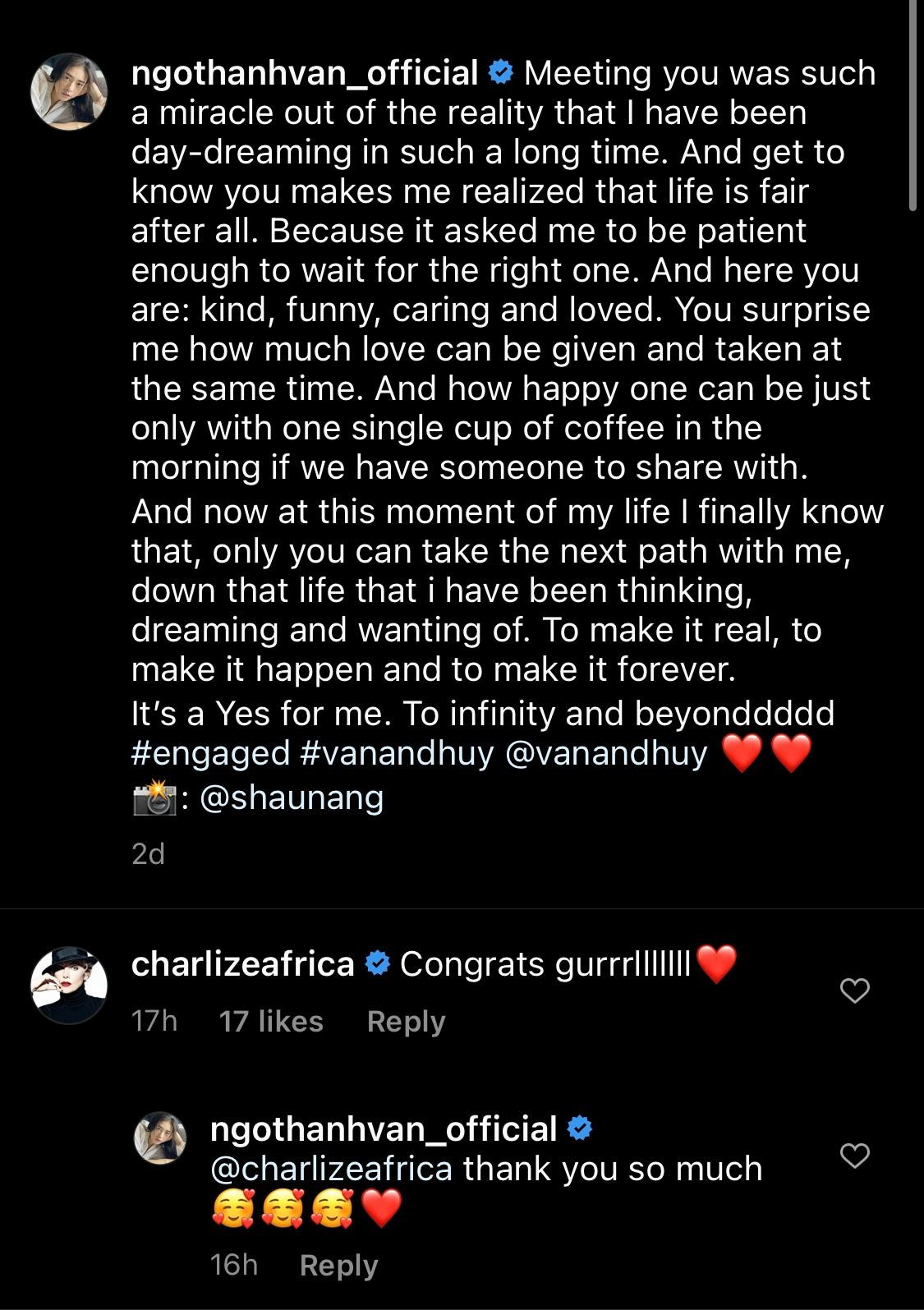 Charlize Theron bình luận bên dưới bài đăng thông báo kết hôn của Ngô Thanh Vân.