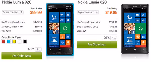 Giá bán Lumia 820 và 920 không hợp đồng ở Mỹ