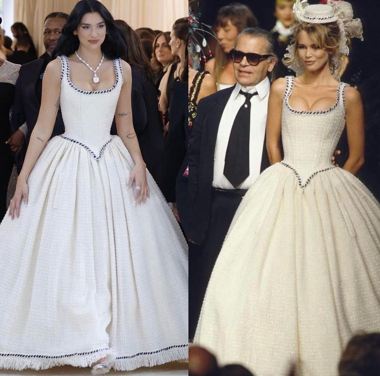 Không hổ danh là đồng Chủ tịch Met Gala năm nay, Dua Lipa diện thiết kế đầm cưới năm 1992 và đeo vòng cổ kim cương 100 carat trị giá 30 triệu đôla. Dua Lipa chọn khía cạnh kinh điển và quý giá của thời trang để ghi tên mình vào lịch sử Met Gala.