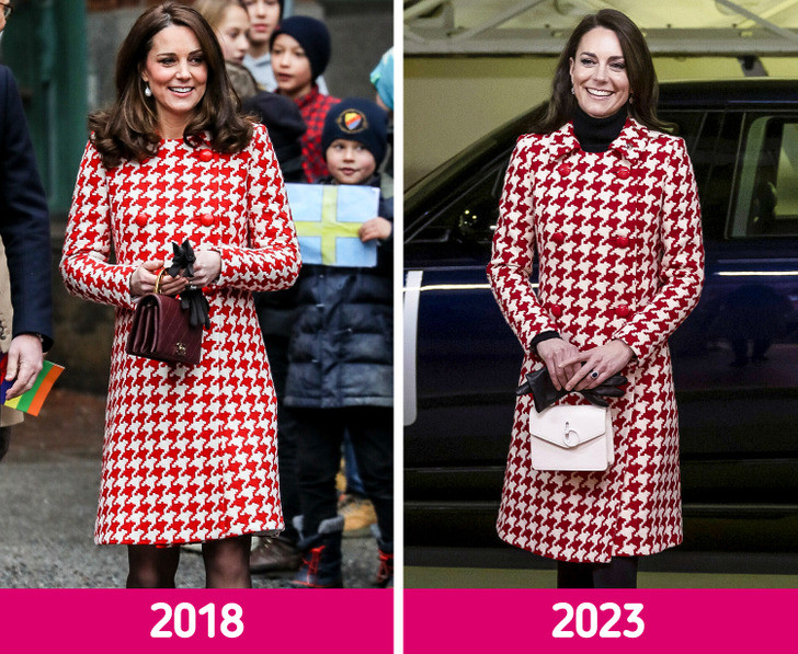 Chiếc áo khoác họa tiết đỏ trắng Kate mặc tại một trận đấu bóng bầu dục vào tháng 2/2023 cũng là chiếc áo khoác đã mặc ở Stockholm vào năm 2018 khi đang mang thai Hoàng tử Louis.