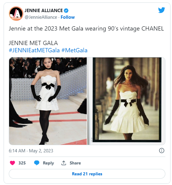 Chọn đúng trang phục do chính tay nhà thiết kế Karl Lagerfeld làm, Jennie tuân thủ đúng chủ đề chứ không chơi trội hay để người ta phải suy đoán sự liên quan của trang phục với chủ đề. Đây là lý do khiến một người mới đến Met Gala như Jennie rất đáng được tôn trọng. Chọn đúng trang phục do chính tay nhà thiết kế Karl Lagerfeld làm, Jennie tuân thủ đúng chủ đề chứ không chơi trội hay để người ta phải suy đoán sự liên quan của trang phục với chủ đề. Đây là lý do khiến một người mới đến Met Gala như Jennie rất đáng được tôn trọng.