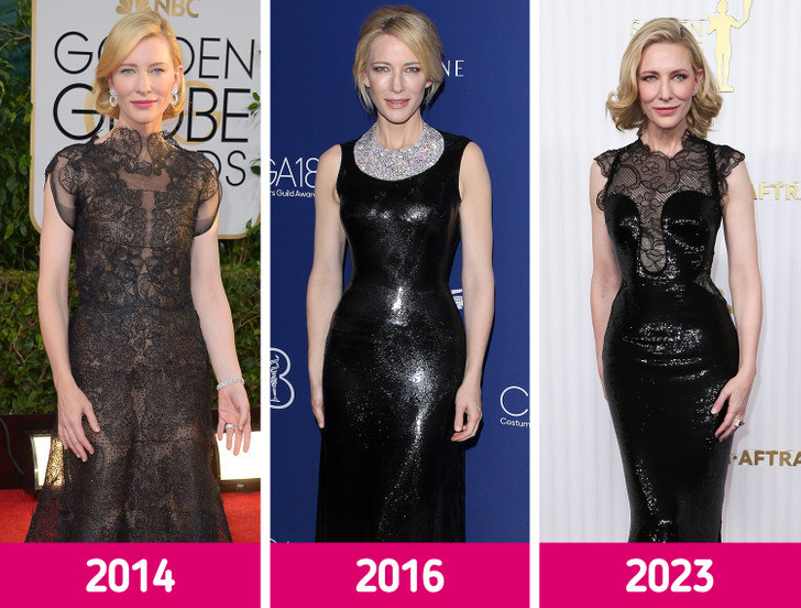 Cate Blanchett tại Lễ trao giải SAG 2023 với chiếc váy Armani Privé tái chế thêm phần ren từ chiếc váy cô mặc năm 2014.