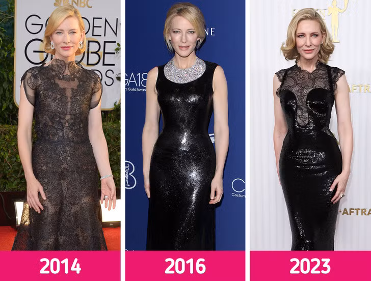 Cate Blanchett tại Lễ trao giải SAG 2023 với chiếc váy Armani Privé tái chế thêm phần ren từ chiếc váy cô mặc năm 2014. Cate Blanchett tại Lễ trao giải SAG 2023 với chiếc váy Armani Privé tái chế thêm phần ren từ chiếc váy cô mặc năm 2014.