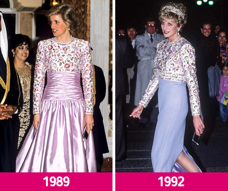 Chiếc váy hoa nổi bật mà Diana đã mặc khi gặp cựu Tổng thống Nigeria năm 1989 đã được “phù phép nhẹ” biến thành một chiếc váy khác năm 1992.