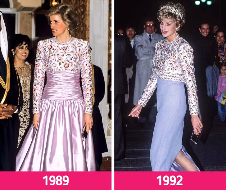 Chiếc váy hoa nổi bật mà Diana đã mặc khi gặp cựu Tổng thống Nigeria năm 1989 đã được “phù phép nhẹ” biến thành một chiếc váy khác năm 1992. Chiếc váy hoa nổi bật mà Diana đã mặc khi gặp cựu Tổng thống Nigeria năm 1989 đã được “phù phép nhẹ” biến thành một chiếc váy khác năm 1992.