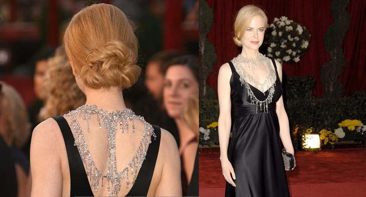Nicole Kidman chiếm trọn spotlight với chiếc vòng cổ kim cương lấp lánh, làm điểm nhấn tôn lên chiếc lưng trần quyến rũ.