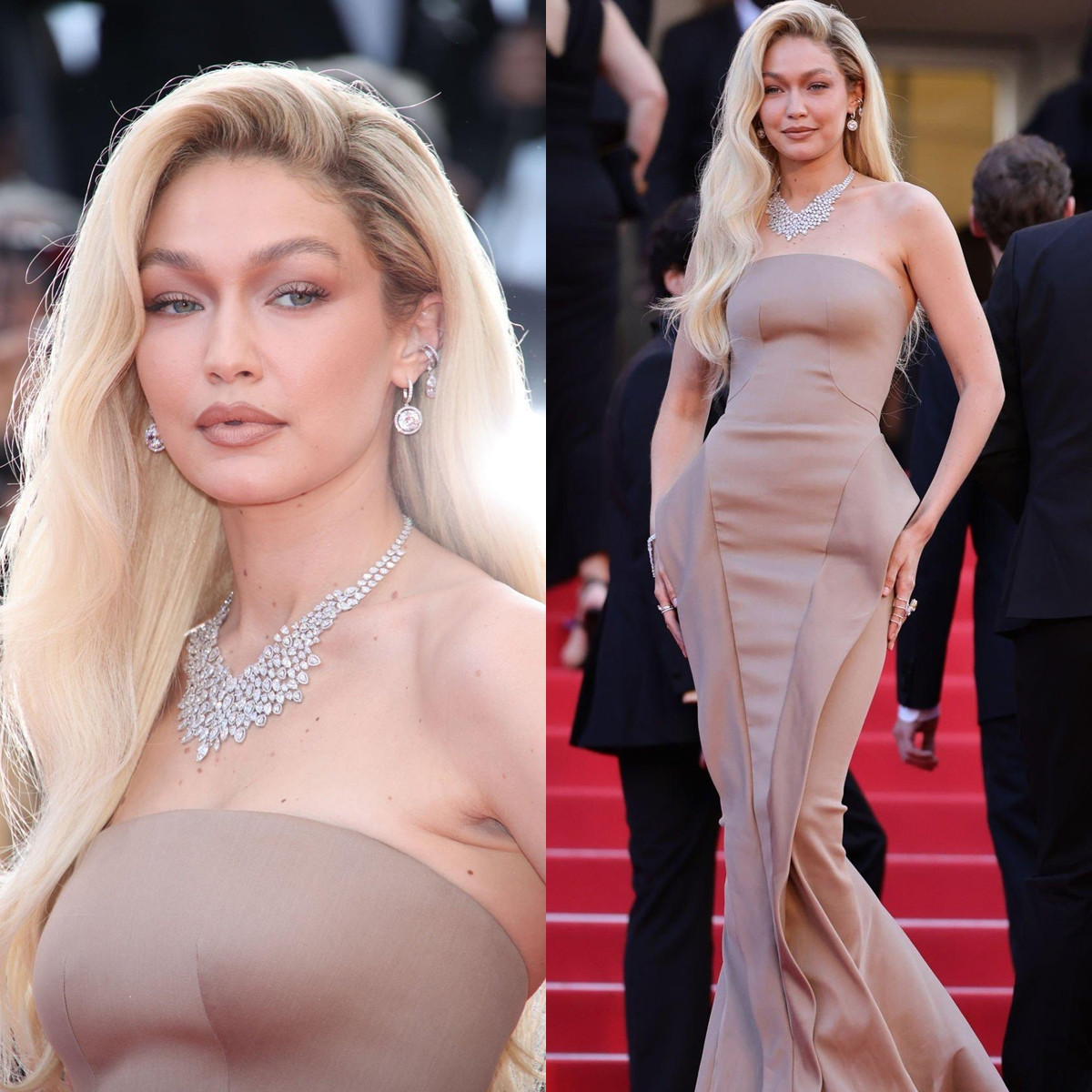 Gigi Hadid chọn make-up tông nâu lạnh matching với thiết kế của Zac Posen.