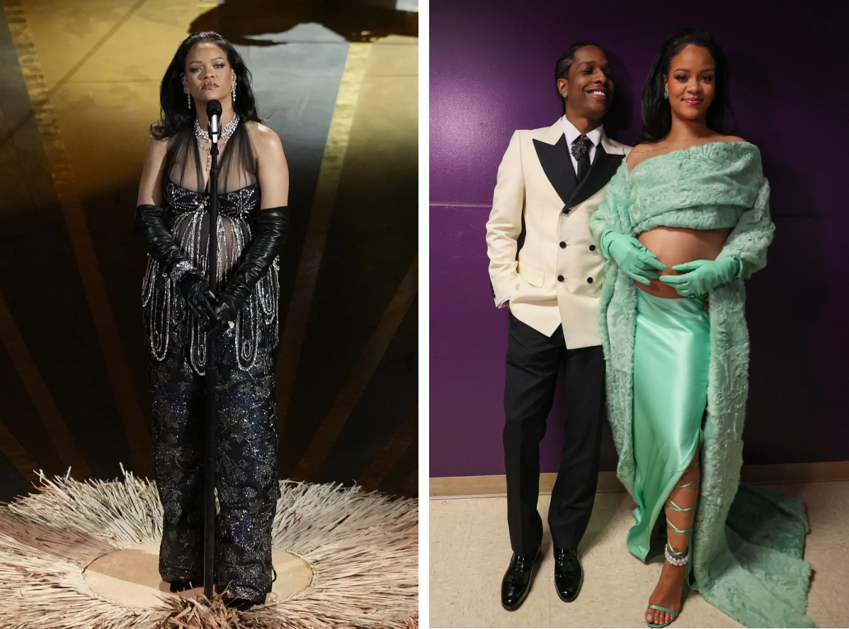 Rihannah chiếm spotlight trong phong cách bà bầu với ba nhãn hiệu đều tôn lên &quot;chiếc bụng&quot;.