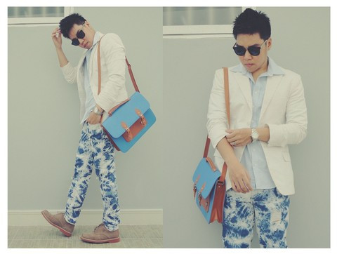  Mắt kiếng RayBan, áo sơ-mi H&M xanh dương trẻ trung, túi xách “Satchel bag” cùng tông dịu mát