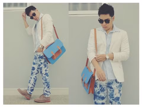  Mắt kiếng RayBan, áo sơ-mi H&M xanh dương trẻ trung, túi xách “Satchel bag” cùng tông dịu mát