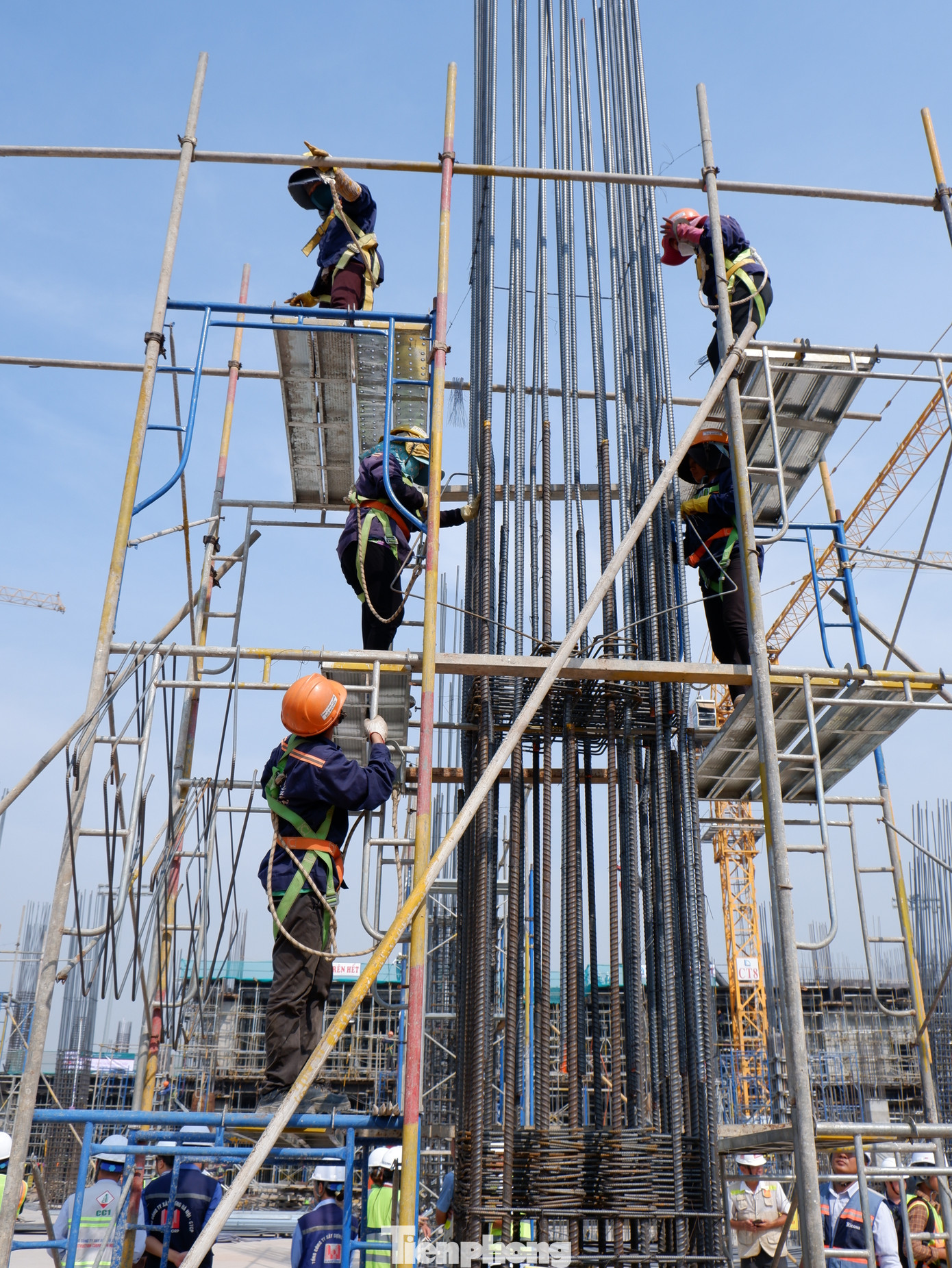 Hiện nay trên công trường đã huy động được 1.400 công nhân với 16 cẩu tháp và trên 350 đầu xe, phương tiện được tập kết, vận hành để triển khai thi công liên tục nhằm đảm bảo tiến độ dự án.