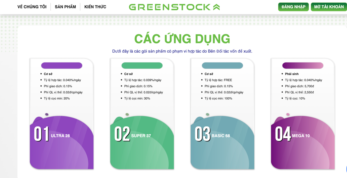 Cái gói sản phẩm mà ứng dụng đầu tư chứng khoán không phép Greenstock cung cấp. Cái gói sản phẩm mà ứng dụng đầu tư chứng khoán không phép Greenstock cung cấp.