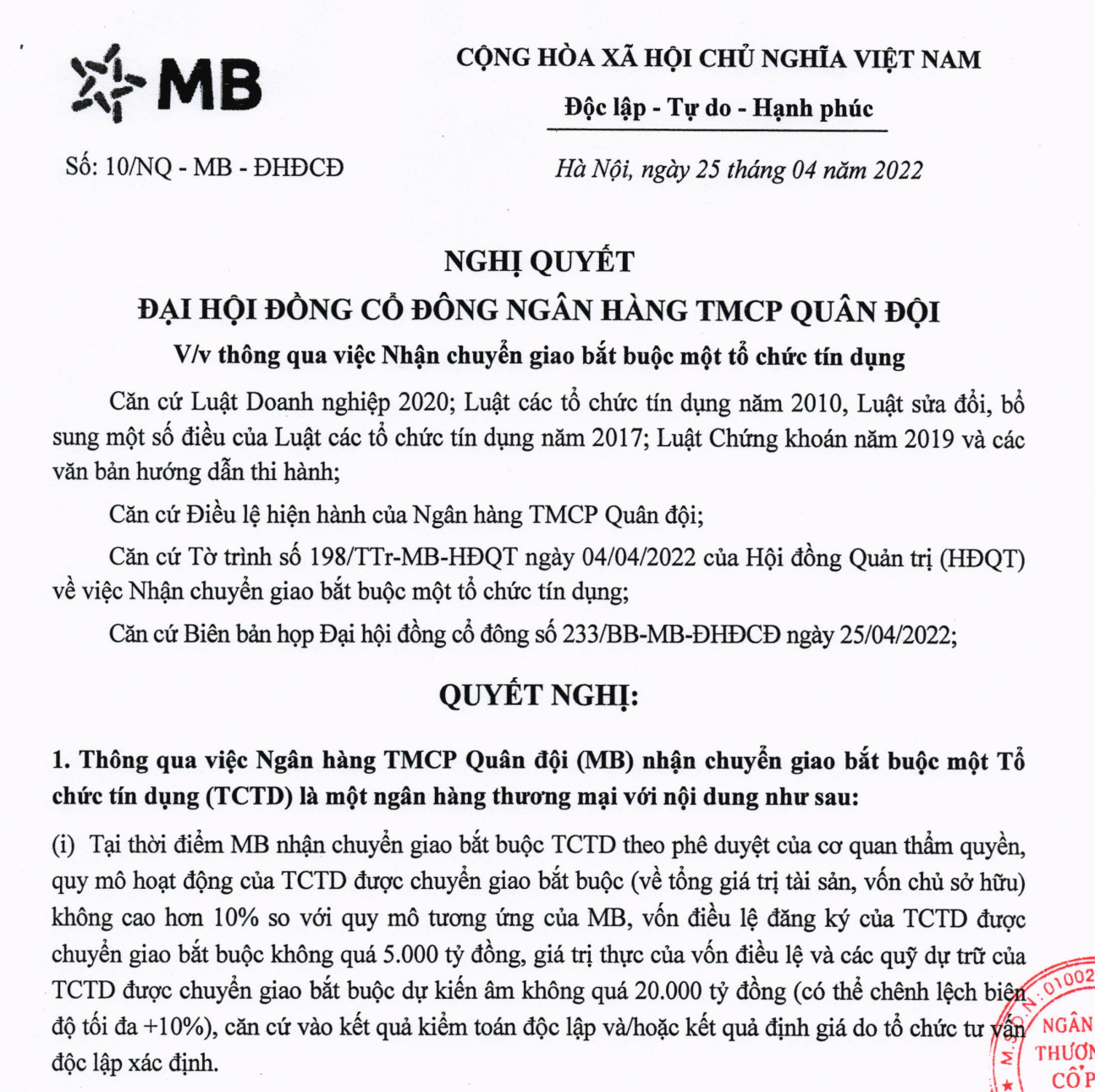 Trước đó, ở đại hội cổ đông 2022, cổ đông MB chấp thuận sáp nhập một ngân hàng.
