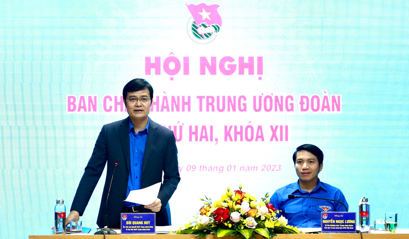 Anh Bùi Quang Huy - Ủy viên dự khuyết T.Ư Đảng, Bí thư thứ nhất T.Ư Đoàn phát biểu tại hội nghị. Ảnh: Bảo Anh