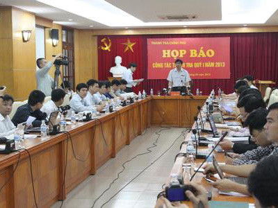 Phó Tổng Thanh tra Lê Tiến Hào chủ trì buổi họp báo thường kỳ quý I của Thanh tra Chính phủ. Ảnh: Khánh Linh. Phó Tổng Thanh tra Lê Tiến Hào chủ trì buổi họp báo thường kỳ quý I của Thanh tra Chính phủ. Ảnh: Khánh Linh