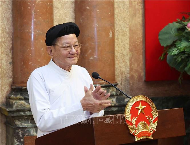 Đầu sư Thái Tăng Tinh, Trưởng ban Thường trực Hội thánh Cao Đài Minh Chơn Đạo phát biểu. Ảnh: Nhan Sáng/TTXVN