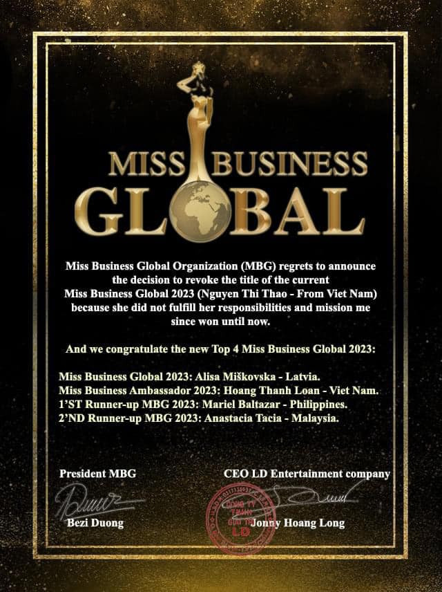 Người đẹp Nguyễn Thị Thảo bị tước danh hiệu Hoa hậu Doanh nhân Toàn cầu 2023.