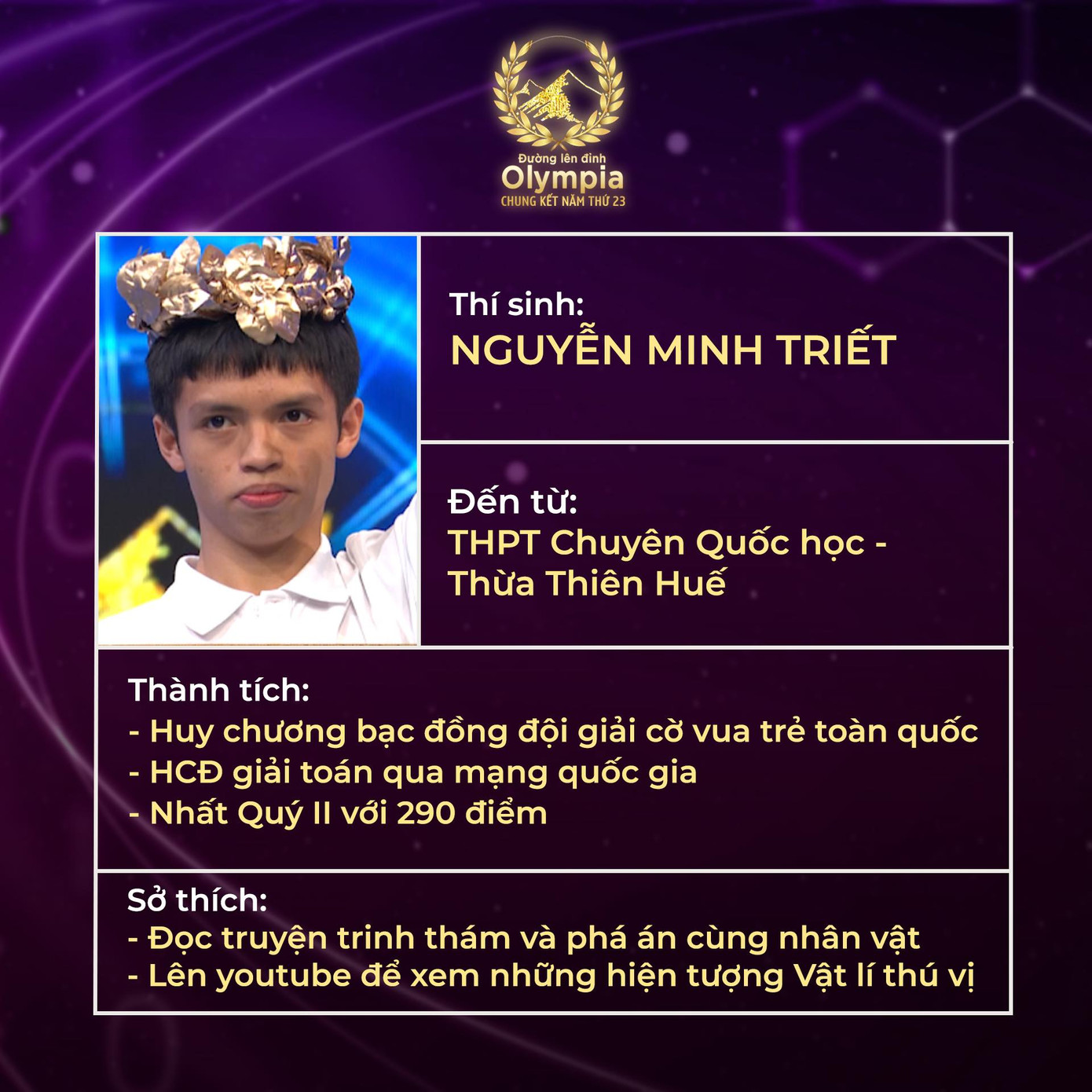 Với tổng điểm 290, Nguyễn Minh Triết (trường THPT chuyên Quốc học Huế), đã xuất sắc mang cầu truyền hình năm thứ 23 về với tỉnh Thừa Thiên - Huế, sau khi chiến thắng vòng thi Quý II. Chiến thắng này đã giúp trường THPT chuyên Quốc học Huế lập kỷ lục ngôi trường có nhiều thí sinh lọt vào trận Chung kết năm nhiều nhất của cuộc thi &apos;Đường lên đỉnh Olympia&apos; (6 lần).