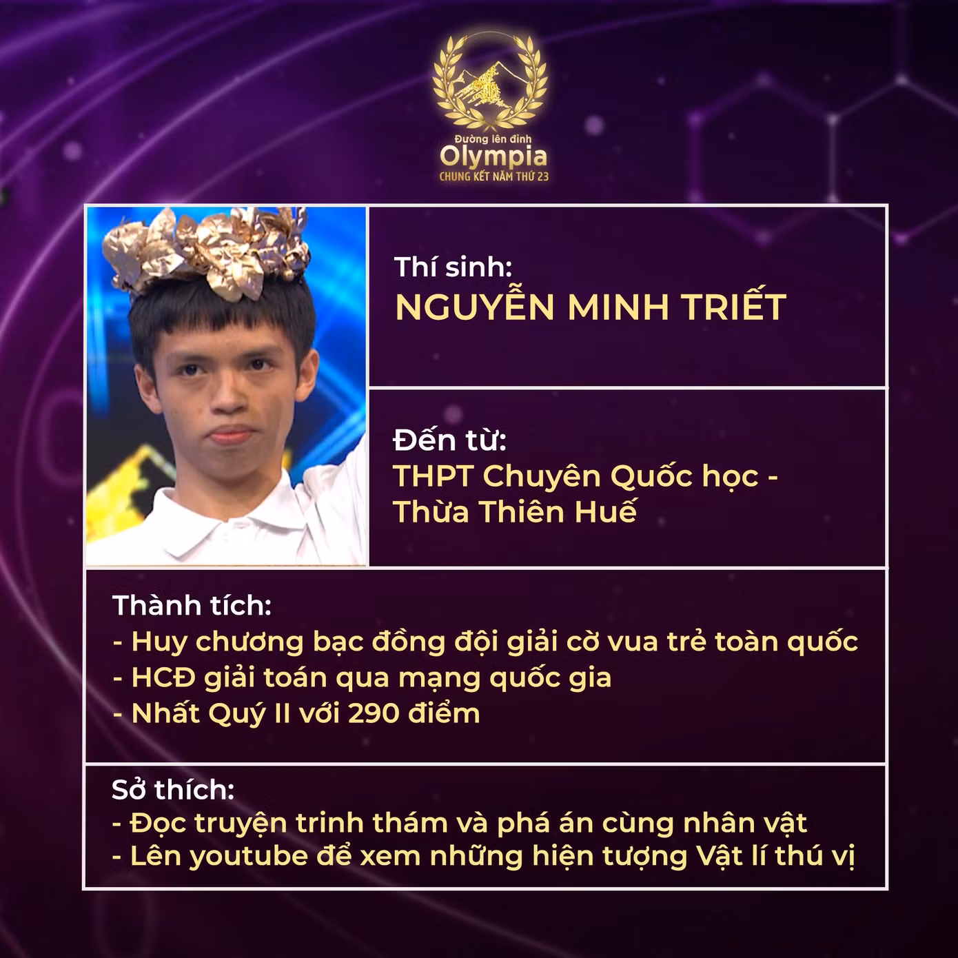 Với tổng điểm 290, Nguyễn Minh Triết (trường THPT chuyên Quốc học Huế), đã xuất sắc mang cầu truyền hình năm thứ 23 về với tỉnh Thừa Thiên - Huế, sau khi chiến thắng vòng thi Quý II. Chiến thắng này đã giúp trường THPT chuyên Quốc học Huế lập kỷ lục ngôi trường có nhiều thí sinh lọt vào trận Chung kết năm nhiều nhất của cuộc thi 'Đường lên đỉnh Olympia' (6 lần).
