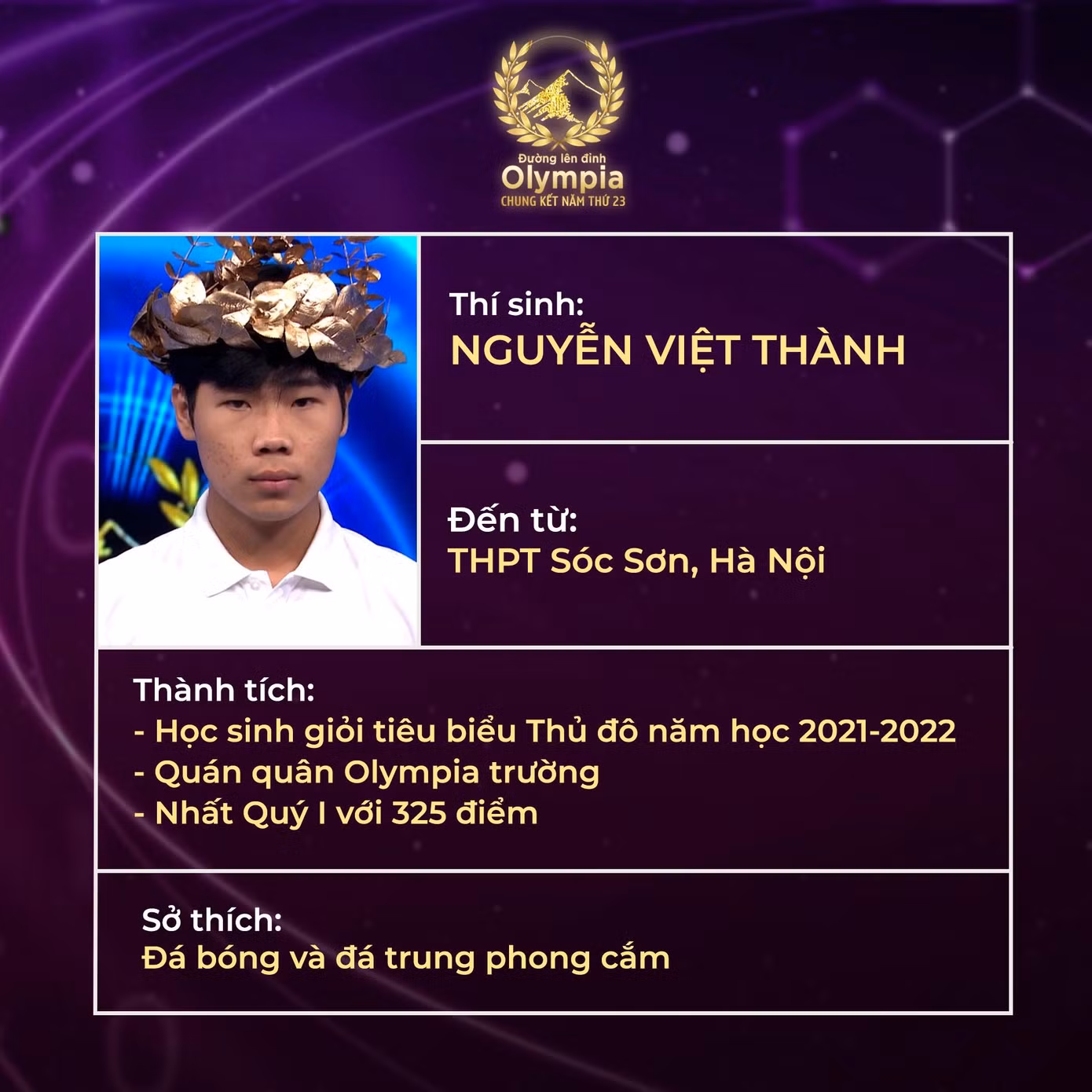 Nguyễn Việt Thành là học sinh trường THPT Sóc Sơn (Hà Nội). Nam học sinh đã giành giải Nhất vòng thi Quý I cuộc thi 'Đường lên đỉnh Olympia' năm thứ 23.