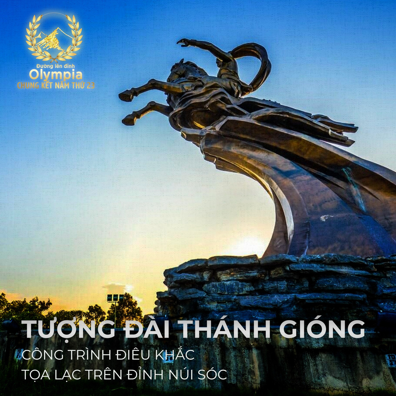 Tượng đài Thánh Gióng là một công trình điêu khắc tọa lạc trên đỉnh núi Sóc, xã Phù Linh, huyện Sóc Sơn, TP. Hà Nội. Tượng đài được xây dựng để tưởng nhớ công đức của Phù Đổng Thiên Vương - một vị thánh trong truyền thuyết Việt Nam. Đây là một trong những công trình văn hóa trọng điểm chào mừng Đại lễ 1000 năm Thăng Long – Hà Nội. Tượng đài được đúc bằng đồng nguyên chất, có chiều cao tới đỉnh là 11,07m với độ vươn ra là 16m, trọng lượng ước tính 85 tấn. Tượng được đặt trên đỉnh Vệ Linh - đỉnh cao nhất của núi Sóc, với độ cao tuyệt đối của nơi đặt tượng sau khi hoàn thành cải tạo là 297m. Tượng mô phỏng hình ảnh vị thánh trẻ tuổi tay mang tre ngà, thúc ngựa hướng về trời xanh. Chân tượng được tạo hình từ sự cách điệu của mây và hào quang, thể hiện rõ tính "động" cho bức tượng. Tượng được đặt hướng về phía Nam, được cho là để thể hiện Thánh Gióng đang hướng về quê mẹ ở phương Nam (Phù Đổng, Gia Lâm), đồng thời đang trông coi bờ cõi của toàn nước Việt. Ảnh: OLYMPIA Tượng đài Thánh Gióng là một công trình điêu khắc tọa lạc trên đỉnh núi Sóc, xã Phù Linh, huyện Sóc Sơn, TP. Hà Nội. Tượng đài được xây dựng để tưởng nhớ công đức của Phù Đổng Thiên Vương - một vị thánh trong truyền thuyết Việt Nam. Đây là một trong những công trình văn hóa trọng điểm chào mừng Đại lễ 1000 năm Thăng Long – Hà Nội. Tượng đài được đúc bằng đồng nguyên chất, có chiều cao tới đỉnh là 11,07m với độ vươn ra là 16m, trọng lượng ước tính 85 tấn. Tượng được đặt trên đỉnh Vệ Linh - đỉnh cao nhất của núi Sóc, với độ cao tuyệt đối của nơi đặt tượng sau khi hoàn thành cải tạo là 297m. Tượng mô phỏng hình ảnh vị thánh trẻ tuổi tay mang tre ngà, thúc ngựa hướng về trời xanh. Chân tượng được tạo hình từ sự cách điệu của mây và hào quang, thể hiện rõ tính "động" cho bức tượng. Tượng được đặt hướng về phía Nam, được cho là để thể hiện Thánh Gióng đang hướng về quê mẹ ở phương Nam (Phù Đổng, Gia Lâm), đồng thời đang trông coi bờ cõi của toàn nước Việt. Ảnh: OLYMPIA