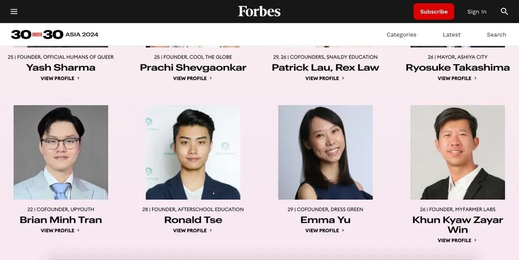 Trần Tuấn Minh có tên trong danh sách "30 Under 30 Asia 2024" do Forbes bình chọn. Trần Tuấn Minh có tên trong danh sách "30 Under 30 Asia 2024" do Forbes bình chọn.