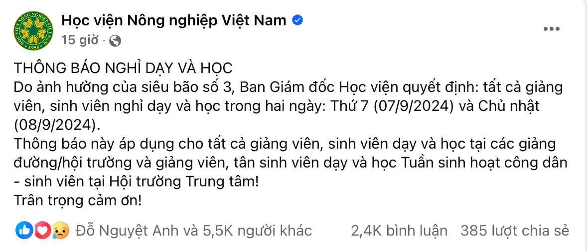 Thông báo của Học viện Nông nghiệp Việt Nam trước diễn biến phức tạp của cơn bão số 3. Thông báo của Học viện Nông nghiệp Việt Nam trước diễn biến phức tạp của cơn bão số 3.