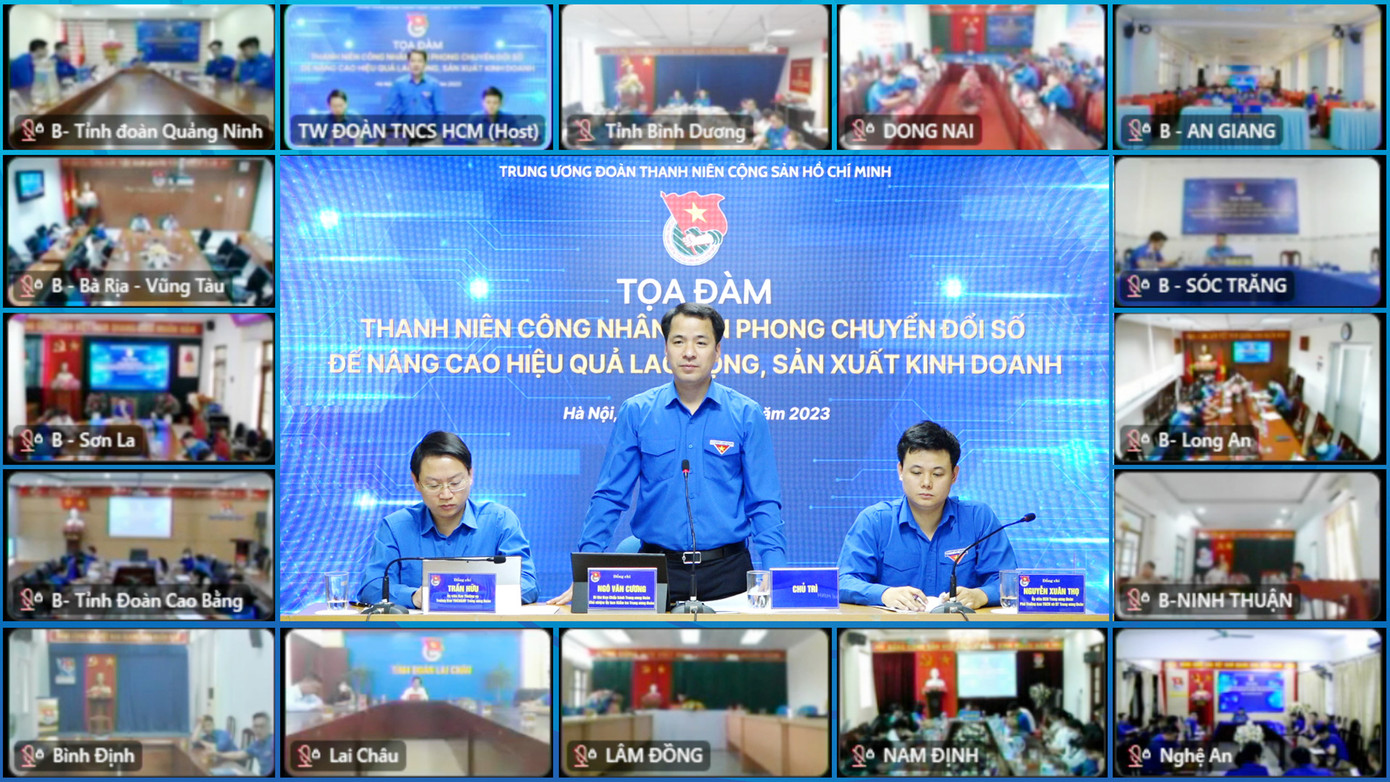 Tọa đàm &quot;Thanh niên công nhân tiên phong áp dụng chuyển đổi số vào chuyên môn nghiệp vụ để nâng cao hiệu quả lao động sản xuất kinh doanh&quot;, với 63 điểm cầu trực tuyến trên cả nước.