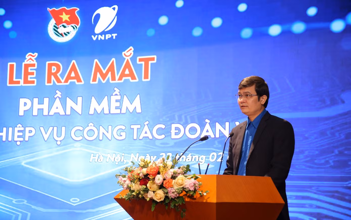Anh Bùi Quang Huy, Ủy viên dự khuyết T.Ư Đảng, Bí thư thường trực T.Ư Đoàn phát biểu tại lễ ra mắt phần mềm.