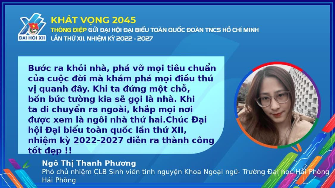 Ngô Thị Thanh Phương - Phó Chủ nhiệm CLB Sinh viên tình nguyện Khoa Ngoại ngữ, trường ĐH Hải Phòng. Ngô Thị Thanh Phương - Phó Chủ nhiệm CLB Sinh viên tình nguyện Khoa Ngoại ngữ, trường ĐH Hải Phòng.