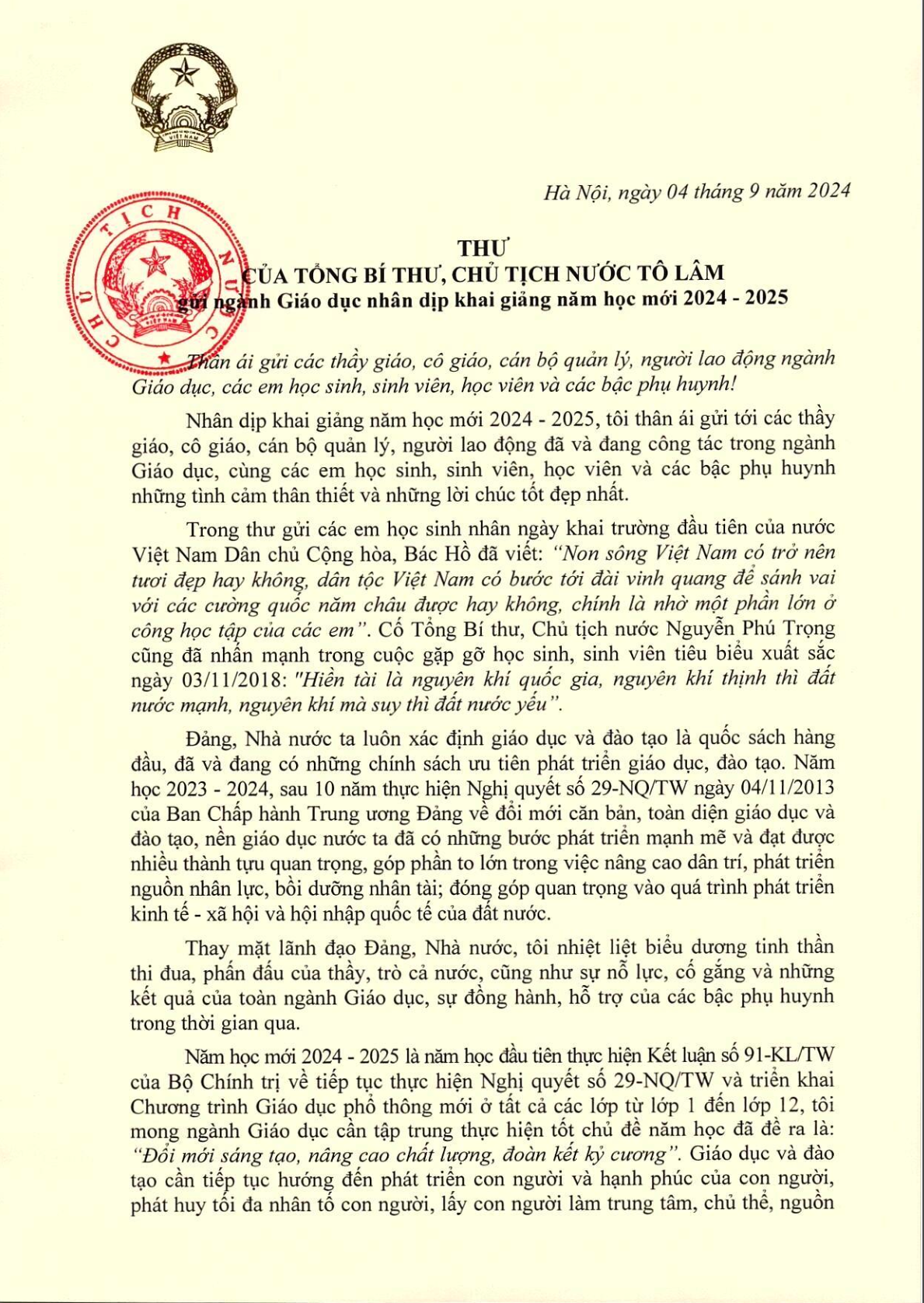 Toàn văn thư của Tổng Bí thư, Chủ tịch nước Tô Lâm gửi ngành Giáo dục nhân dịp khai giảng năm học mới 2024 - 2025.