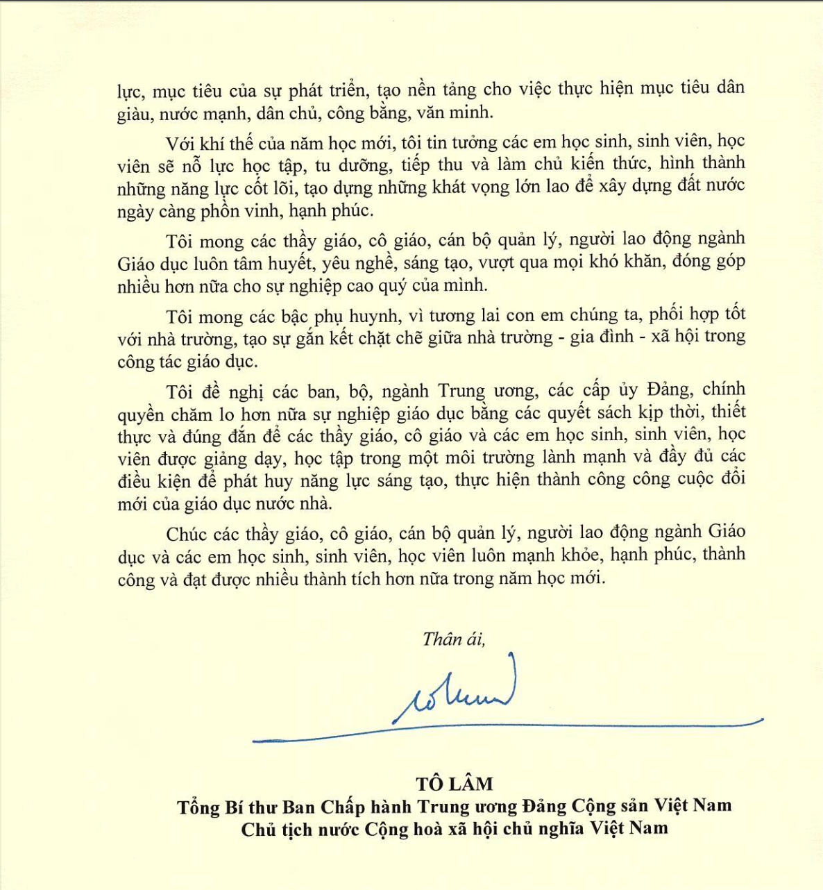 Toàn văn thư của Tổng Bí thư, Chủ tịch nước Tô Lâm gửi ngành Giáo dục nhân dịp khai giảng năm học mới 2024 - 2025.