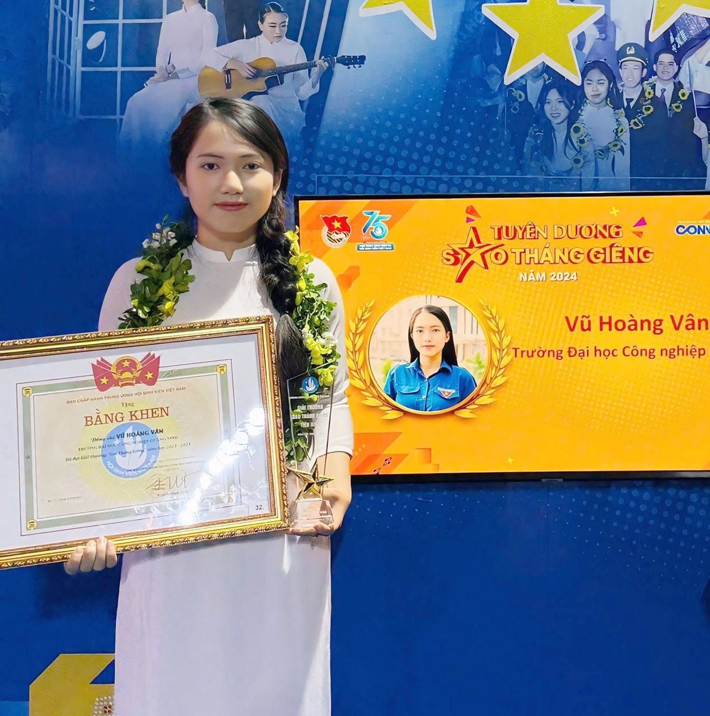 Vũ Hoàng Vân - Phó Chủ nhiệm CLB 'Sinh viên 5 tốt' tỉnh, Lớp Kế toán tổng hợp K14, Khoa Kinh tế, trường ĐH Công nghiệp Quảng Ninh.