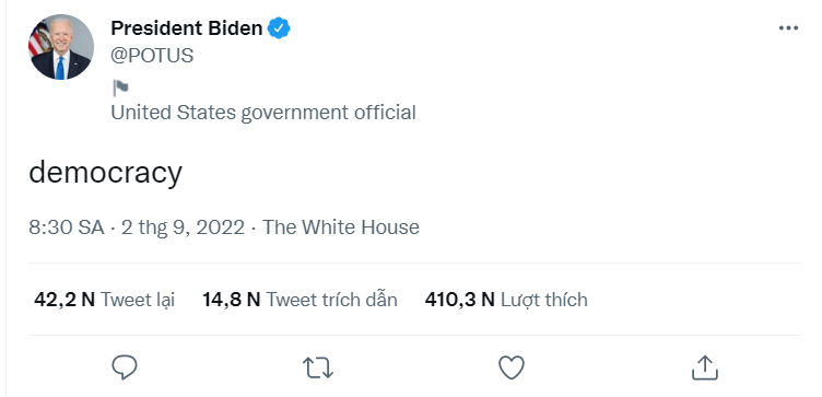 Tổng thống Mỹ Joe Biden tham gia trào lưu này với dòng tweet "democracy" - dân chủ.