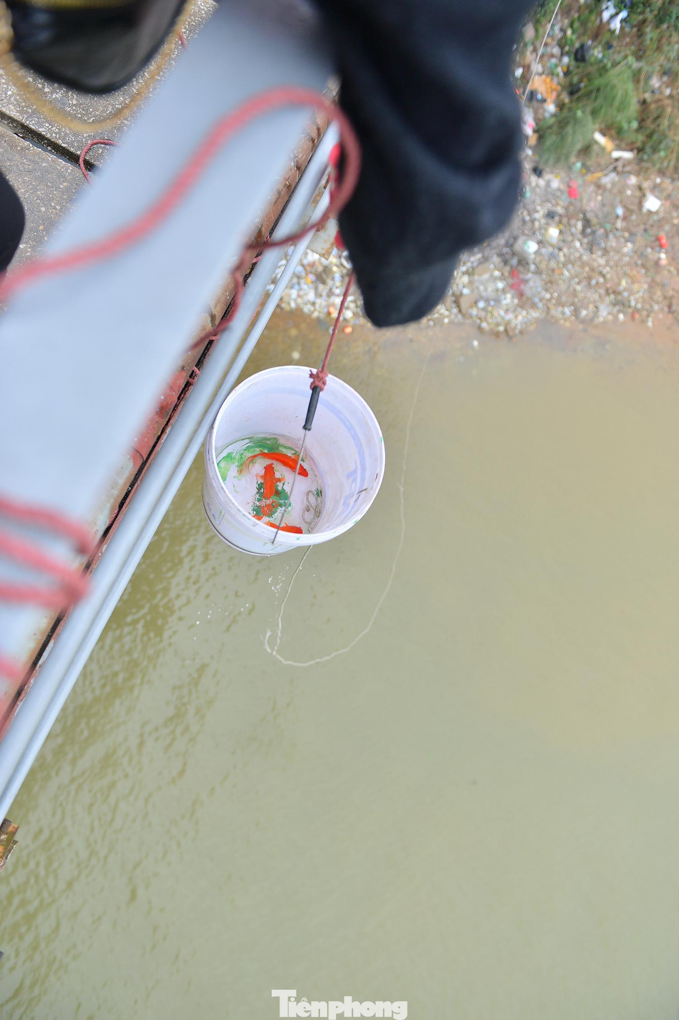 Người dân thả cá theo ròng rọc tự chế tại cầu Long Biên.