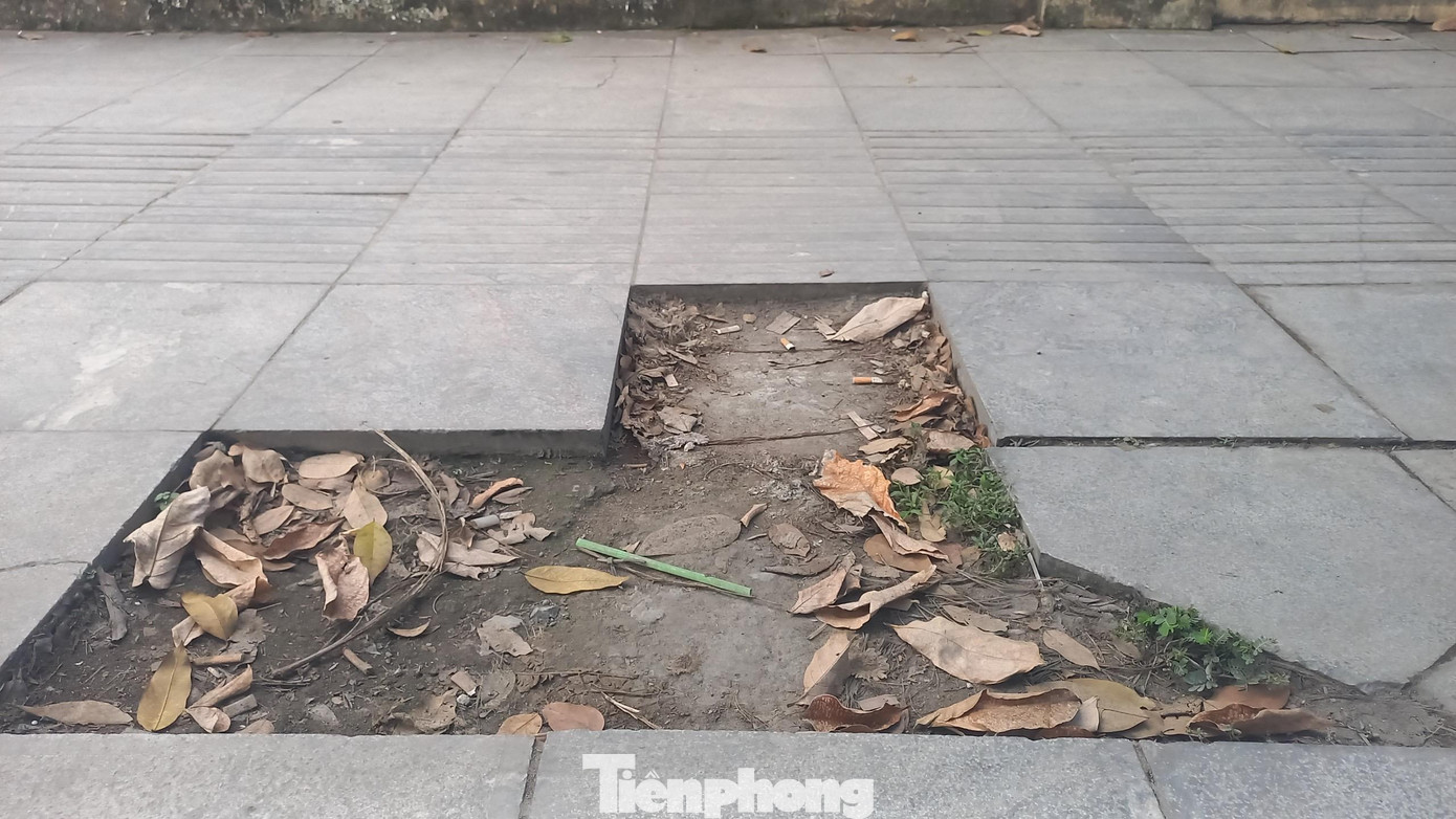 Nhiều đoạn gạch lát vỉa hè còn hư hỏng, biến mất hoàn toàn như thế này sau vài năm đưa vào sử dụng.