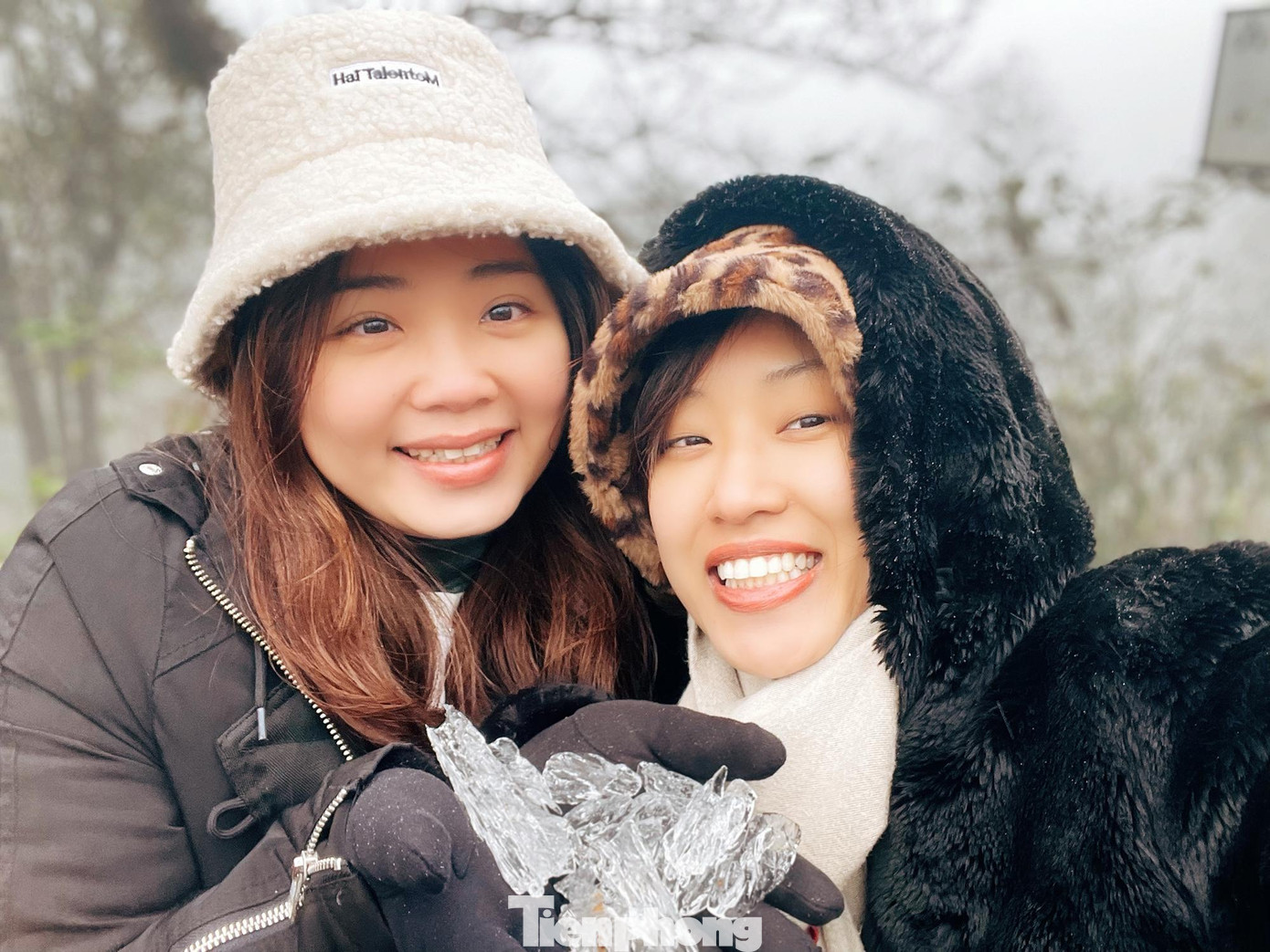 Chị Thu Hà cùng bạn Vân Anh nhà ở quận Đống Đa, Hà Nội nói: "Nhiệt độ bắt đầu xuống thấp từ đêm qua, hiện, tại đây có mưa nhỏ, băng giá đã phủ kín các cành cây nhìn rất ấn tượng. Lúc 7h sáng, nhiệt độ đo được là -2 độ C".