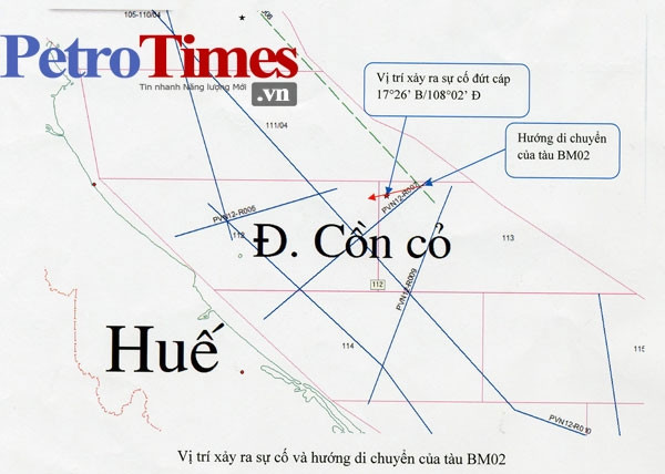 Vị trí xảy ra sự cố và hướng di chuyển của tàu BM02