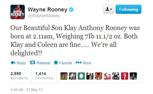 Rooney khoe tin vui trên trang twitter của mình