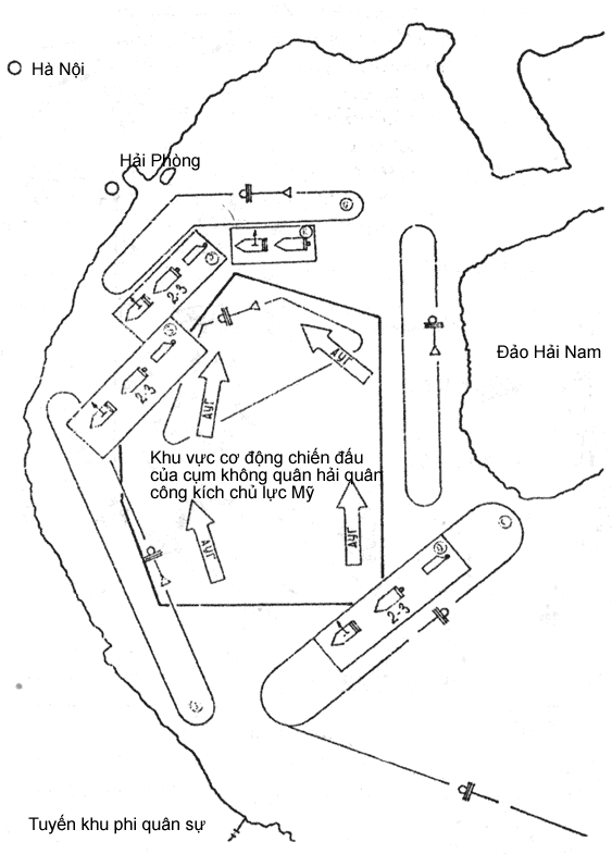 Sơ đồ cơ động của các cụm không quân hải quân công kích Mỹ trên Vịnh Bắc Bộ